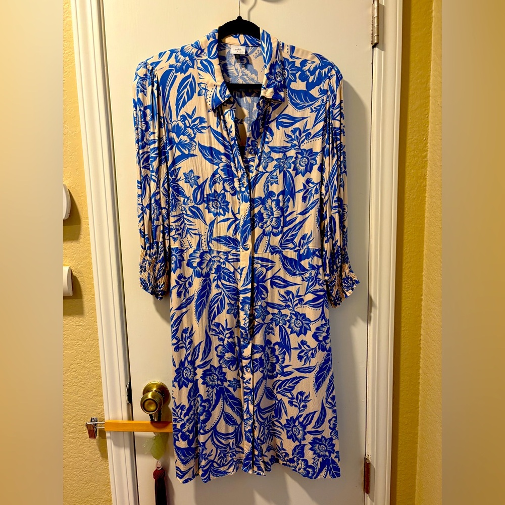 CAbi Blue and Cream Floral Long Sleeve Dress
